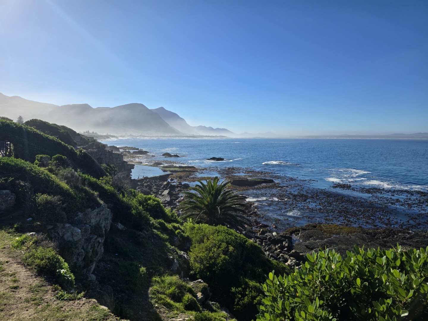 View over Hermanus Old Harbour and the Walker Bay coastline with mountains beyond